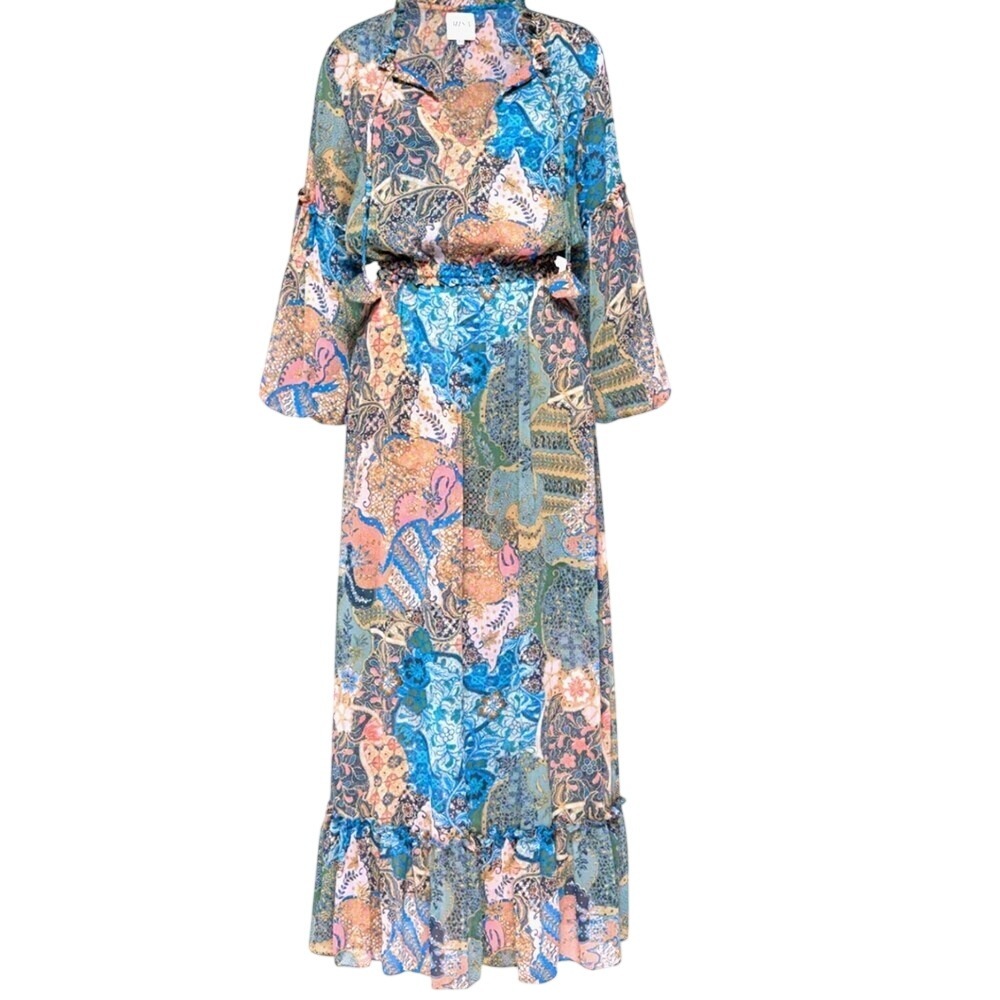 MISA Los Angeles Paisley Floral Patchwork Maxi Dress Blue Green Pink Medium